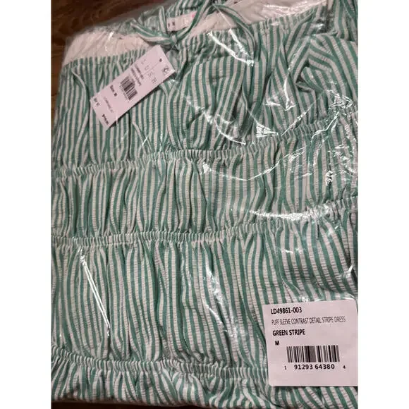 NWT! Lush Shirred Puff Sleeve Maxi Dress in Green Stripe Size Medium - Picture 3 of 6